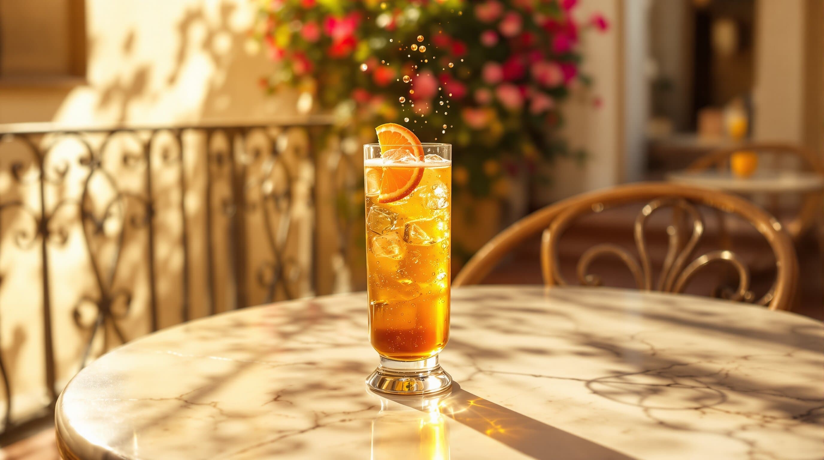 Sun-drenched terrace with a chilled glass
